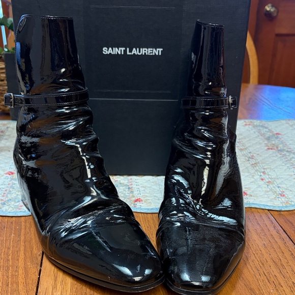 Saint Laurent Clementi Patent Black Leather Boots